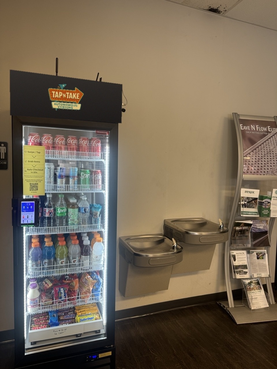 A Tap N Take smart vending cooler in the break area of the Senox warehouse in Austin, Texas