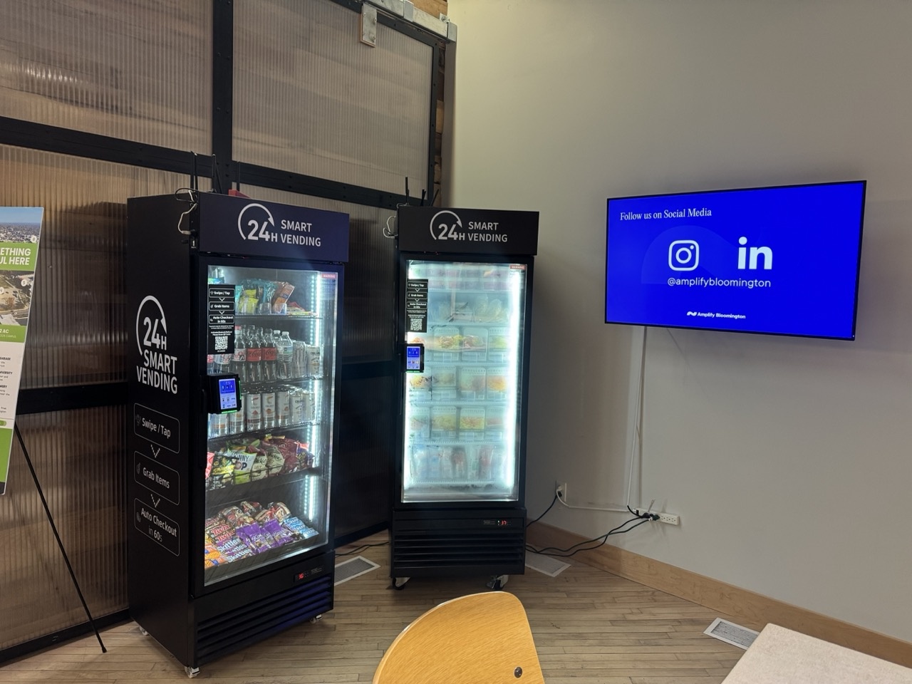 A Tap N Take smart cooler and smart freezer side by side at The Mill coworking space in Bloomington, Indiana